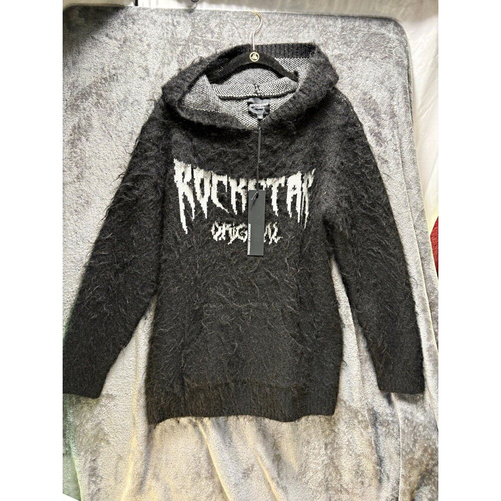 Rockstar Original Women's Black Knit Hooded Graphic Logo Pullover Sweater 16